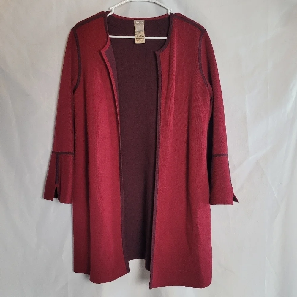 Chico's  Burgundy Square Long Sweeper Cardigan Size 2P US Large Petite